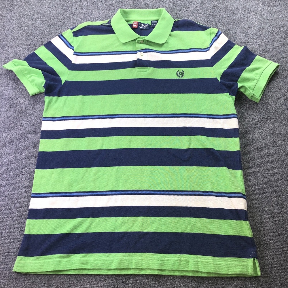 Chaps Mens Polo Shirt XL Green Navy Blue White Striped Cotton Short Sleeve Logo